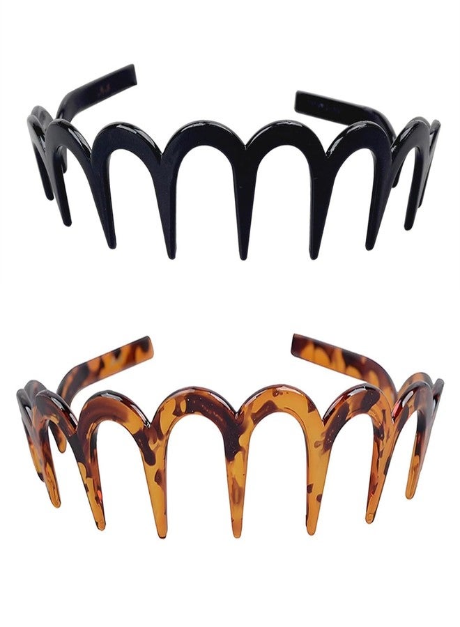 Treayes 2025 New U Shape Fashion Tooth Hair Comb Headband, 2PCS High Cranium Headbands for Women's Hair, Reversible Korean Headbands with Teeth for Women Gifts for Teen Girls (Amber+Black) - Image 1